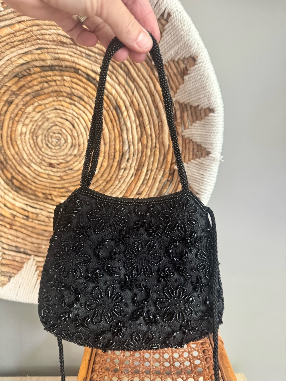 Vintage Black Beaded Classic Floral Mini Evening Bag
